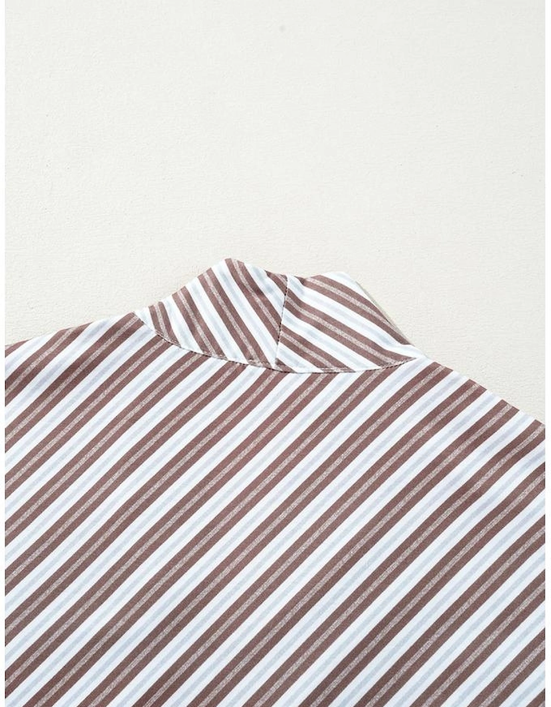 Chestnut Striped Stand V Neck Short Sleeve Blouse