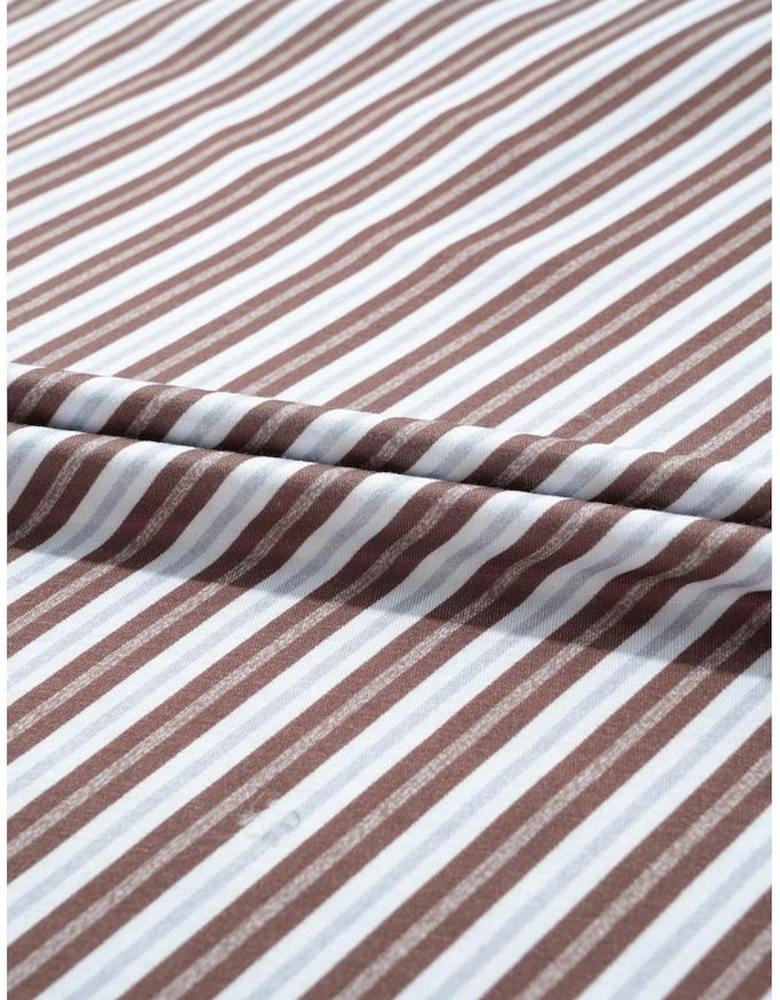 Chestnut Striped Stand V Neck Short Sleeve Blouse