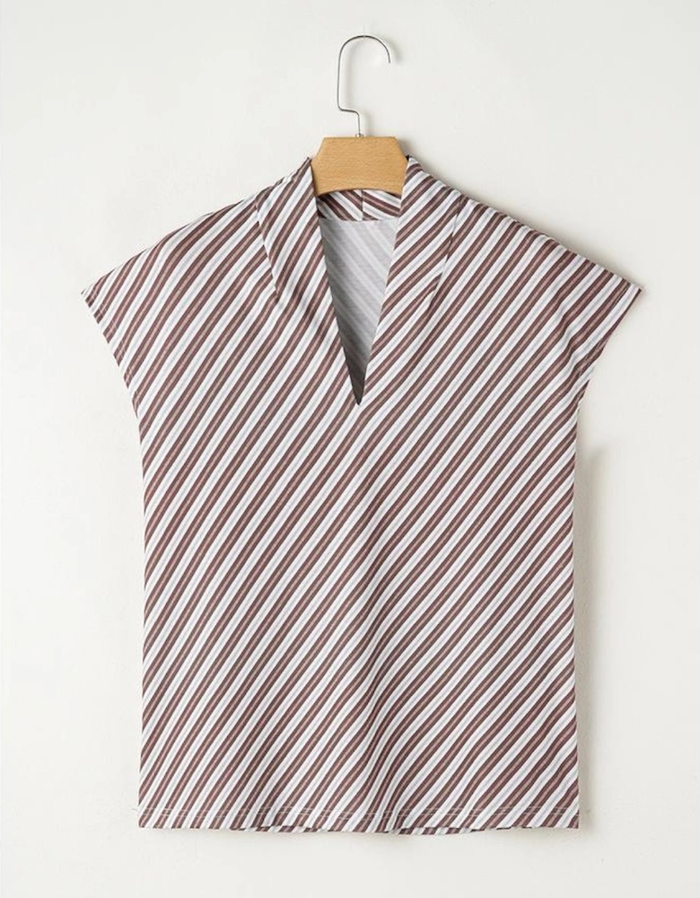 Chestnut Striped Stand V Neck Short Sleeve Blouse