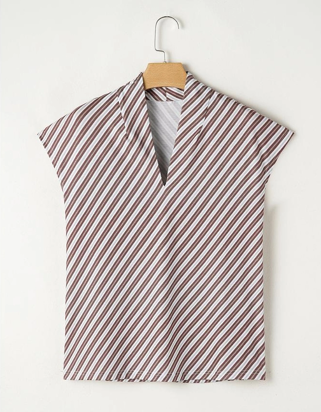 Chestnut Striped Stand V Neck Short Sleeve Blouse