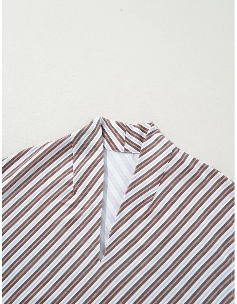 Chestnut Striped Stand V Neck Short Sleeve Blouse