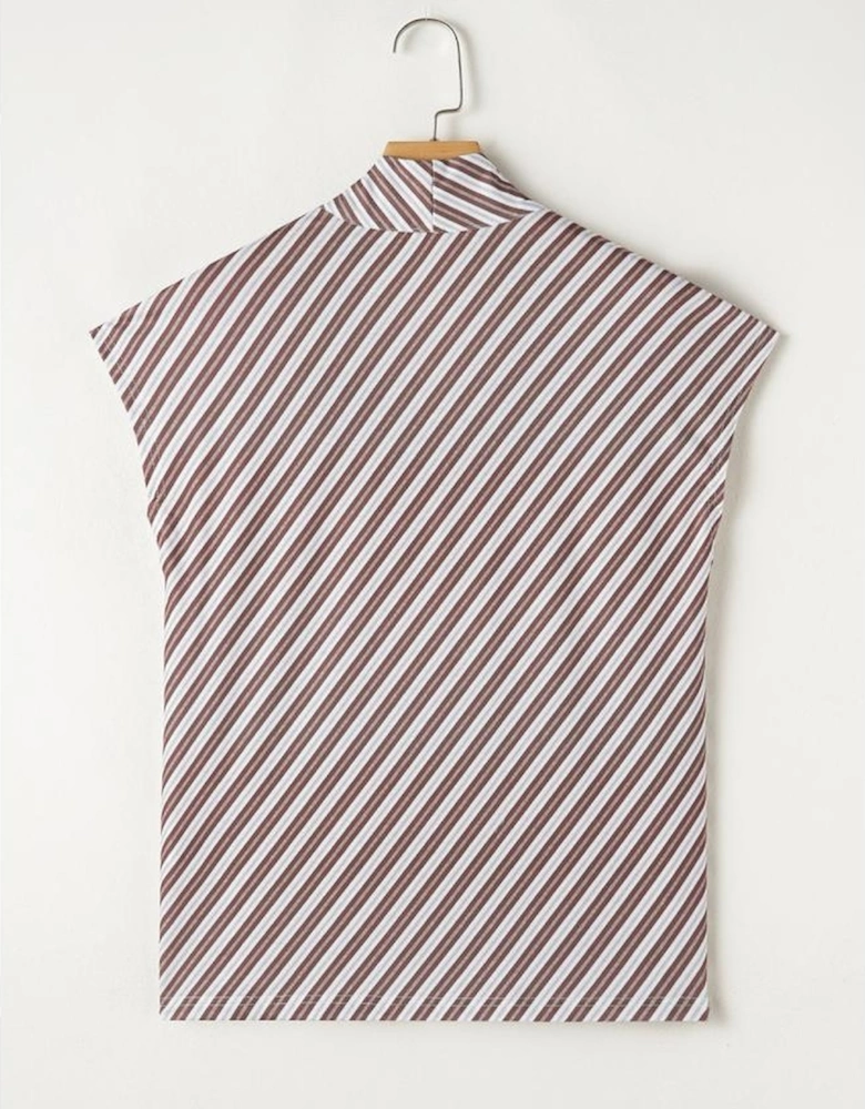 Chestnut Striped Stand V Neck Short Sleeve Blouse