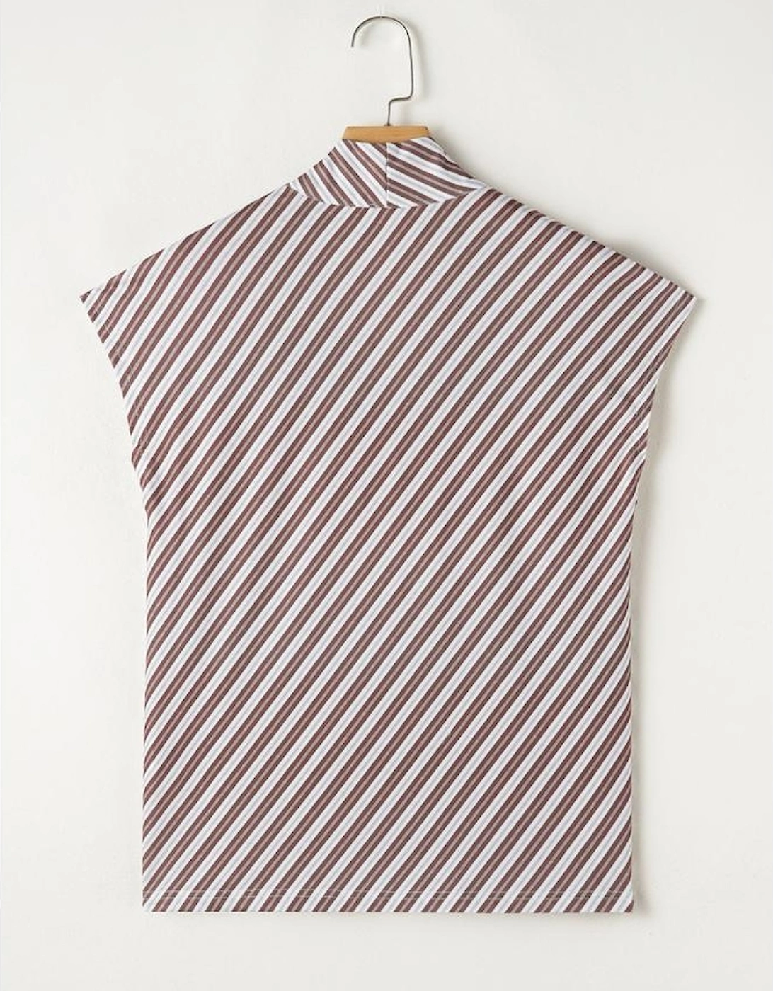 Chestnut Striped Stand V Neck Short Sleeve Blouse