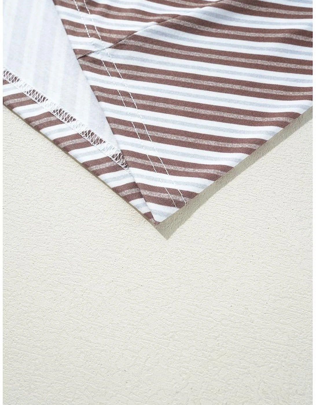 Chestnut Striped Stand V Neck Short Sleeve Blouse