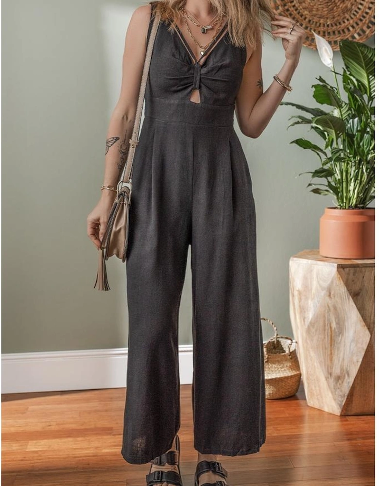 Black Front Cut Out Smocked Back Sleeveless Wide Leg Jumpsuit