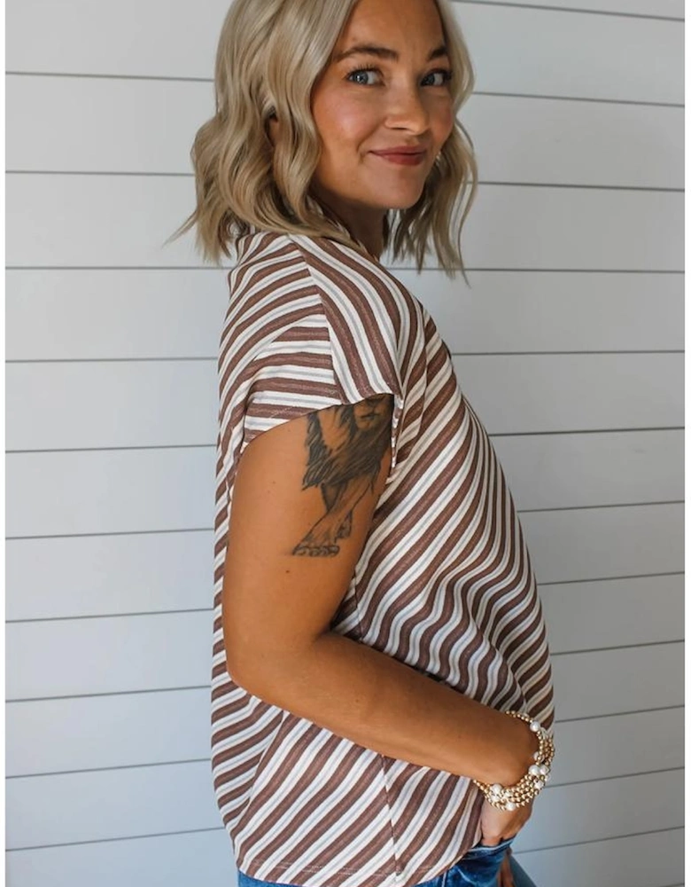 Chestnut Striped Stand V Neck Short Sleeve Blouse