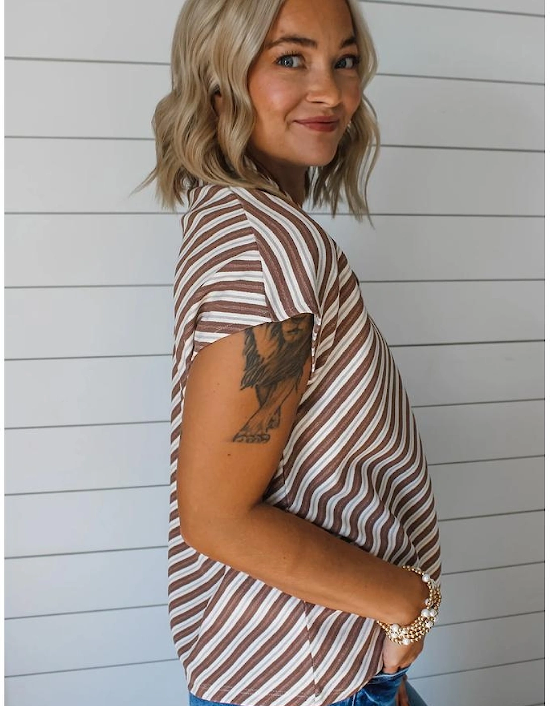 Chestnut Striped Stand V Neck Short Sleeve Blouse, 13 of 12