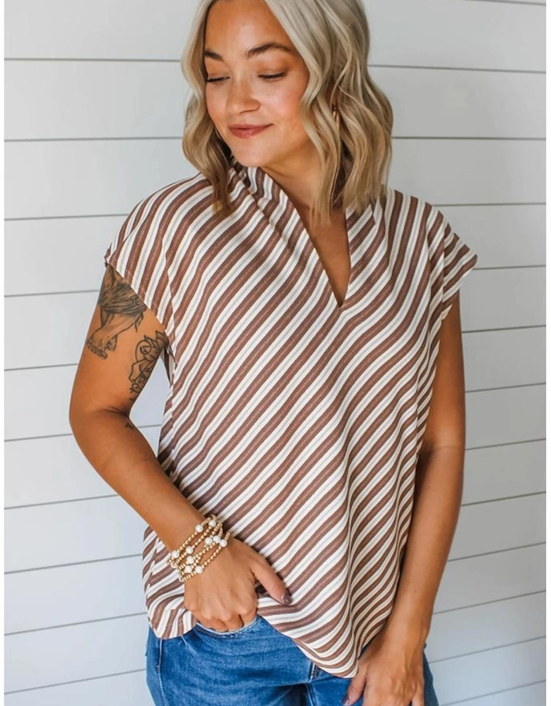 Chestnut Striped Stand V Neck Short Sleeve Blouse