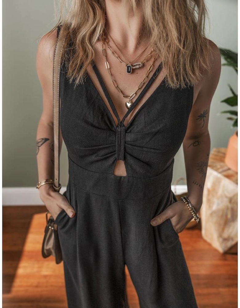Black Front Cut Out Smocked Back Sleeveless Wide Leg Jumpsuit