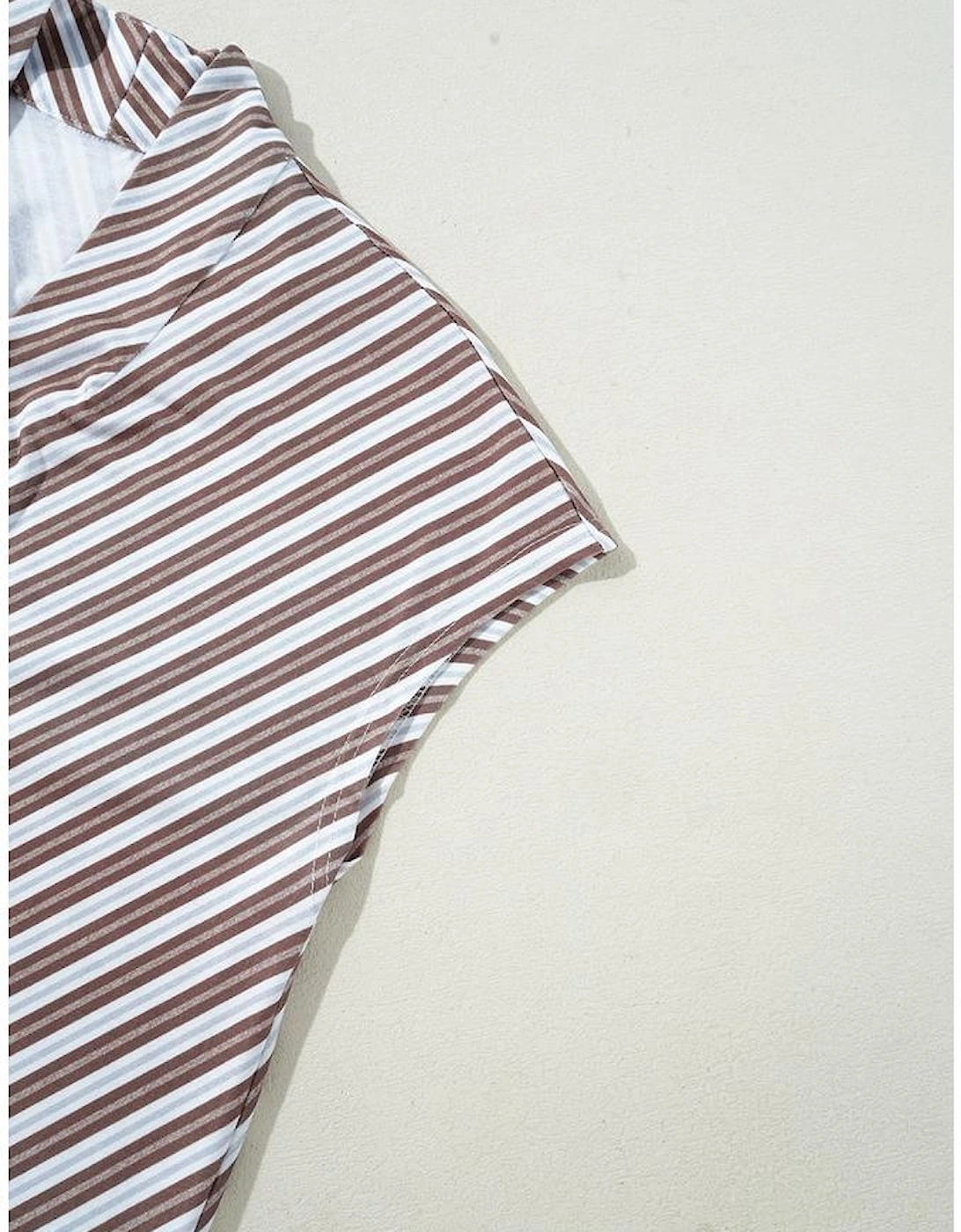Chestnut Striped Stand V Neck Short Sleeve Blouse