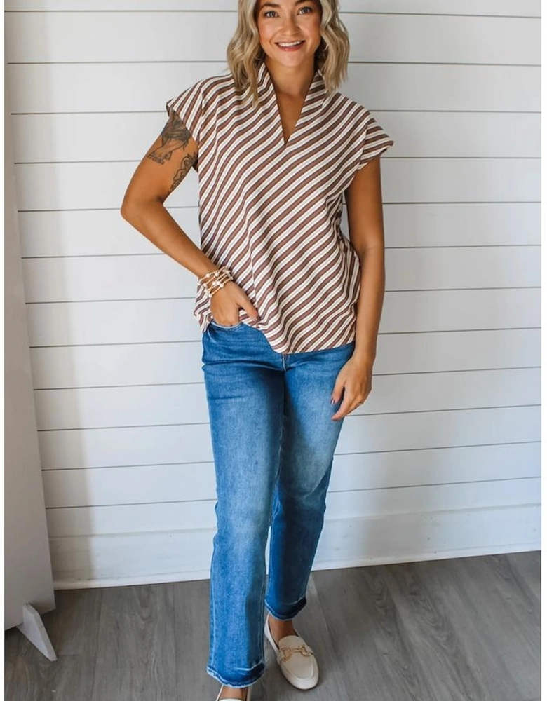Chestnut Striped Stand V Neck Short Sleeve Blouse
