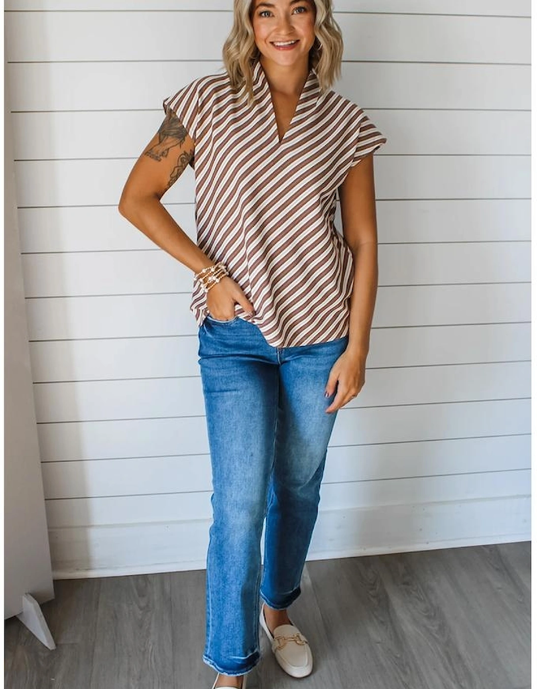 Chestnut Striped Stand V Neck Short Sleeve Blouse