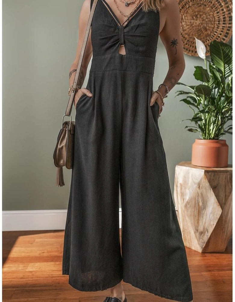 Black Front Cut Out Smocked Back Sleeveless Wide Leg Jumpsuit