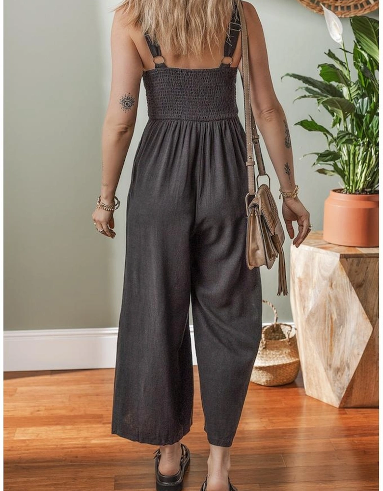 Black Front Cut Out Smocked Back Sleeveless Wide Leg Jumpsuit