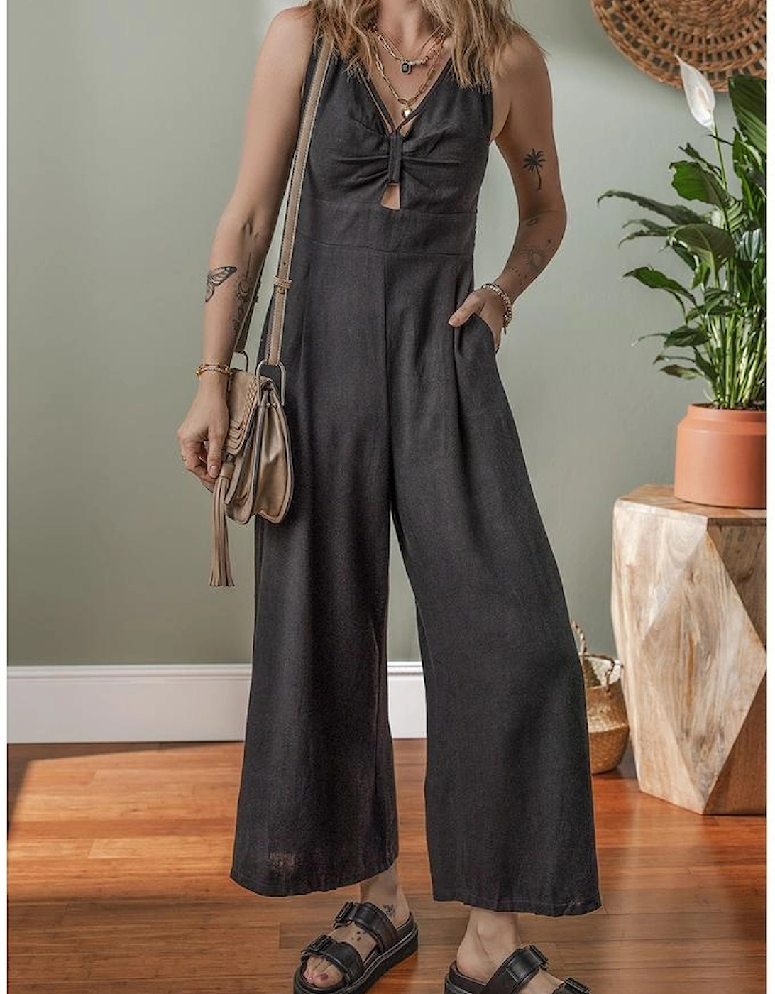 Black Front Cut Out Smocked Back Sleeveless Wide Leg Jumpsuit