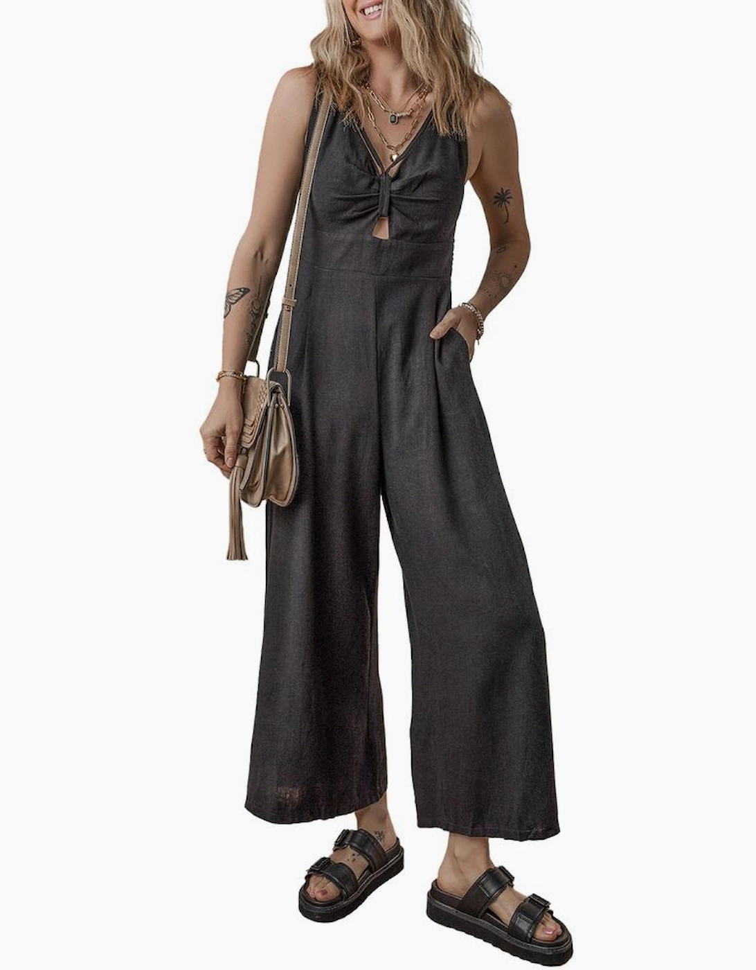 Black Front Cut Out Smocked Back Sleeveless Wide Leg Jumpsuit