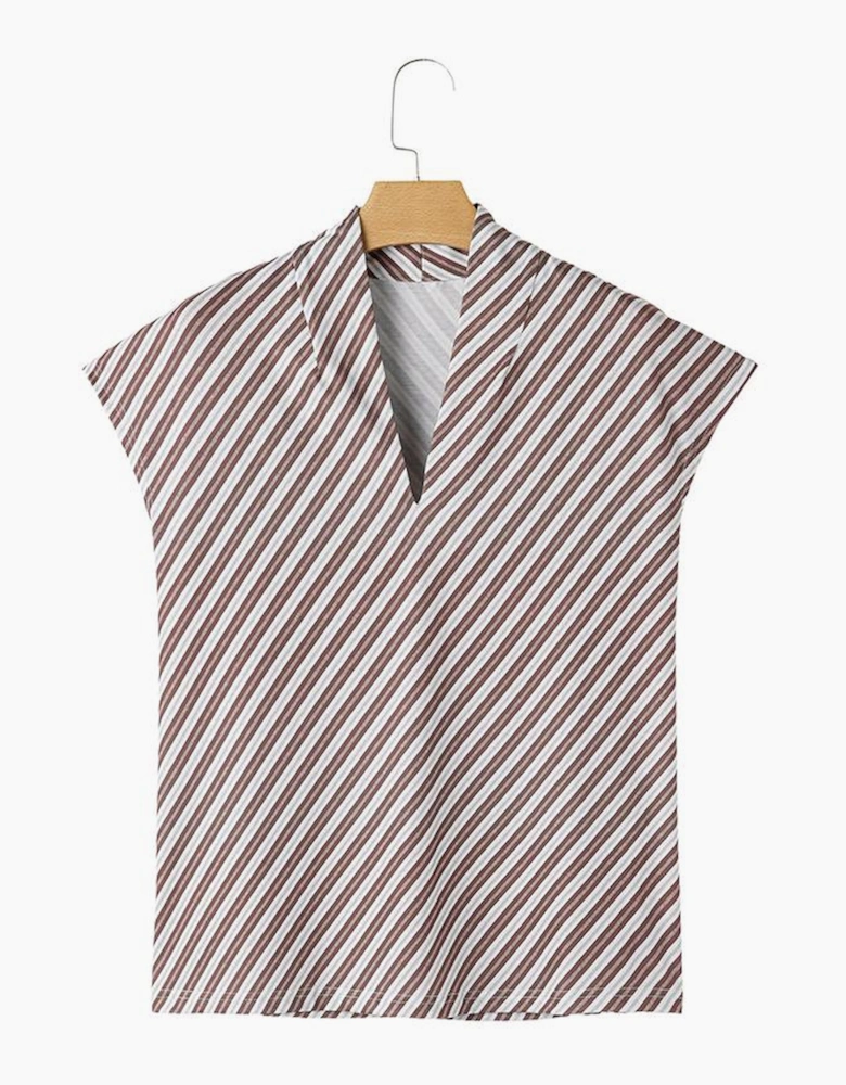 Chestnut Striped Stand V Neck Short Sleeve Blouse