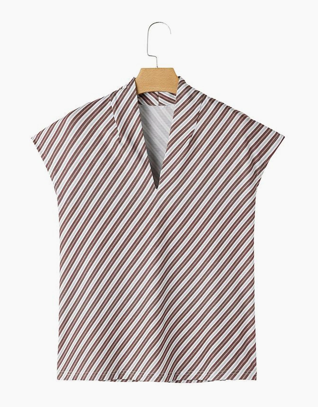 Chestnut Striped Stand V Neck Short Sleeve Blouse