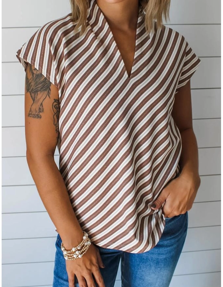 Chestnut Striped Stand V Neck Short Sleeve Blouse