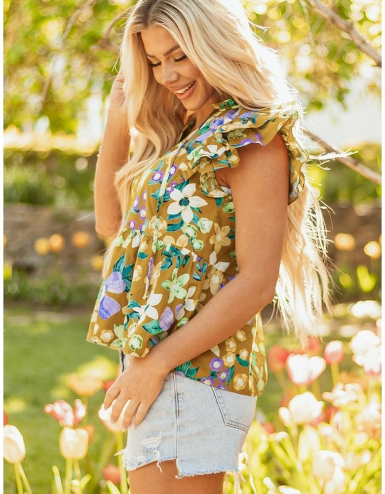 Yellow Floral Print Tiered Flutter Sleeve V Neck Top