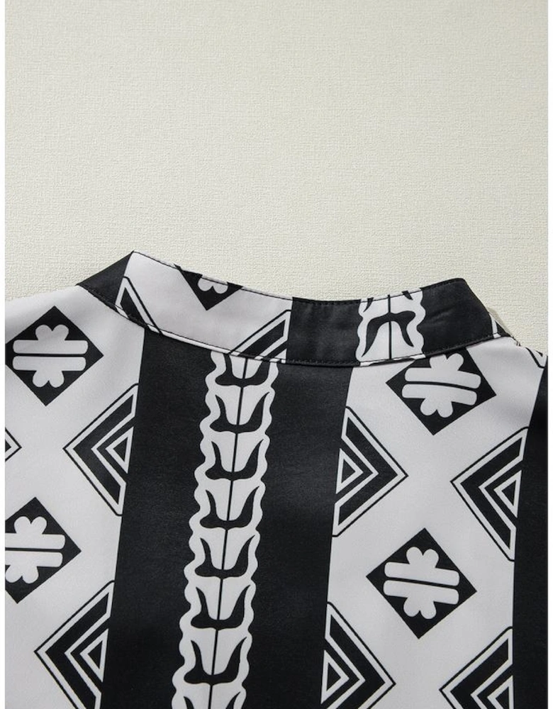 Black Geometric Print V Neck Ruffled Dress