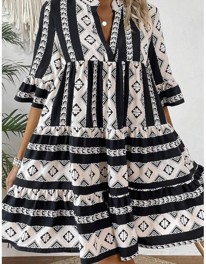 Black Geometric Print V Neck Ruffled Dress