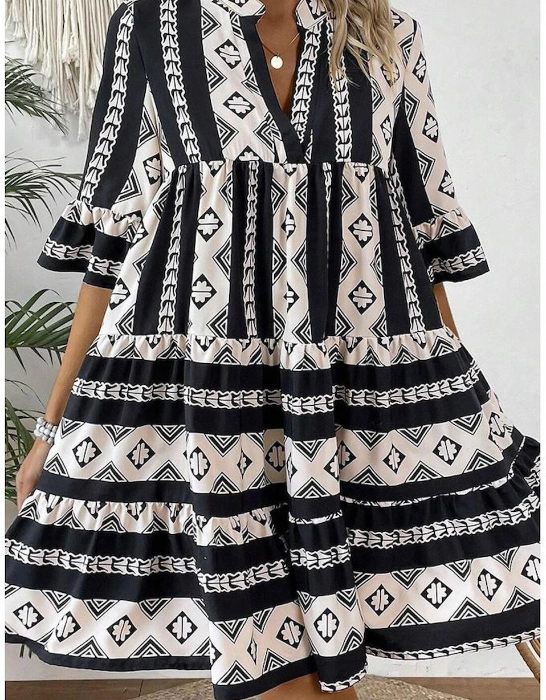 Black Geometric Print V Neck Ruffled Dress, 15 of 14