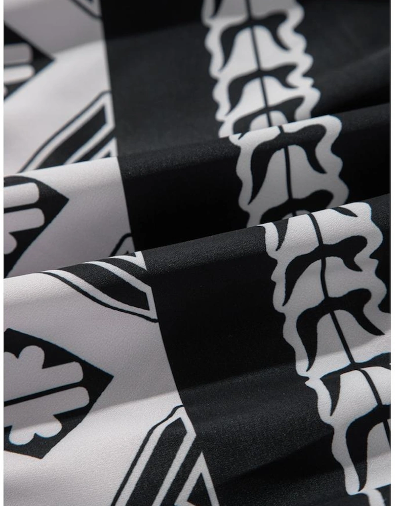 Black Geometric Print V Neck Ruffled Dress