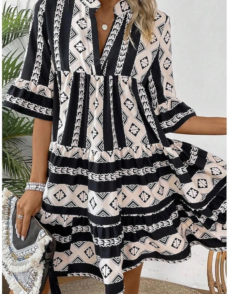 Black Geometric Print V Neck Ruffled Dress