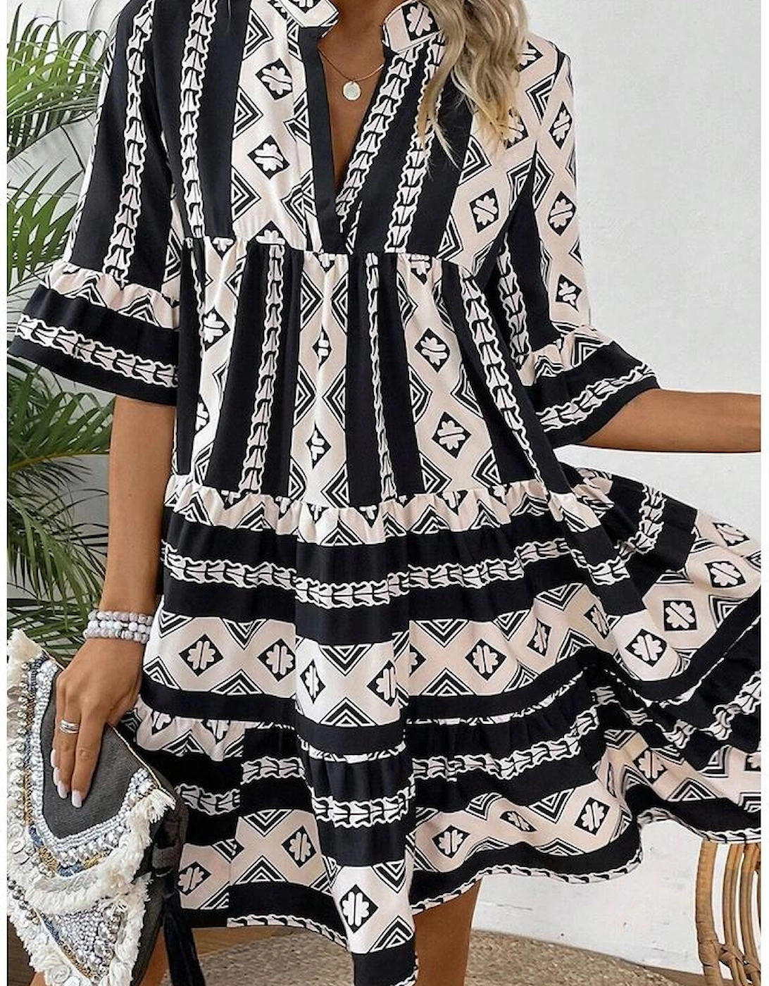 Black Geometric Print V Neck Ruffled Dress