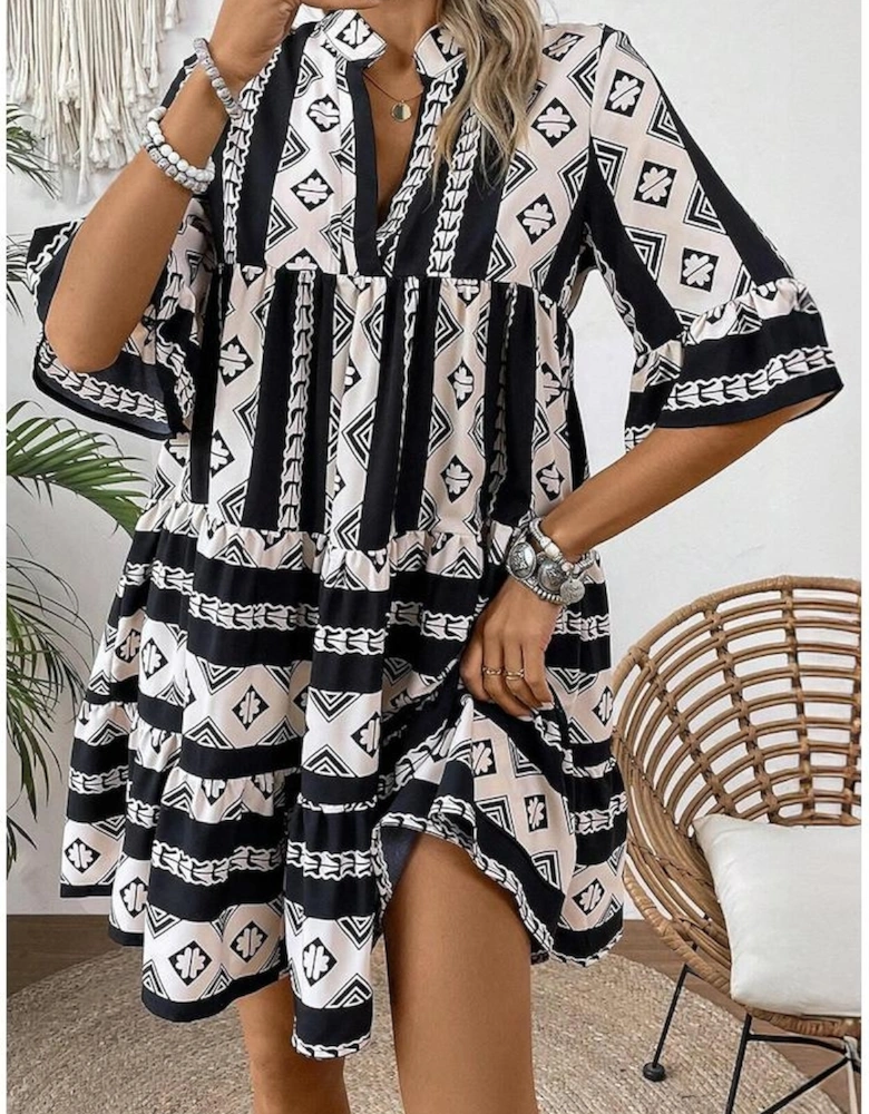 Black Geometric Print V Neck Ruffled Dress