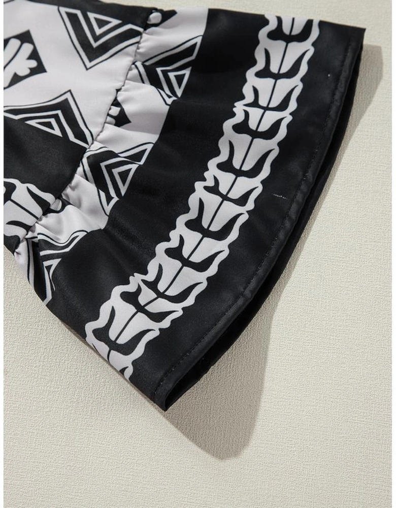 Black Geometric Print V Neck Ruffled Dress