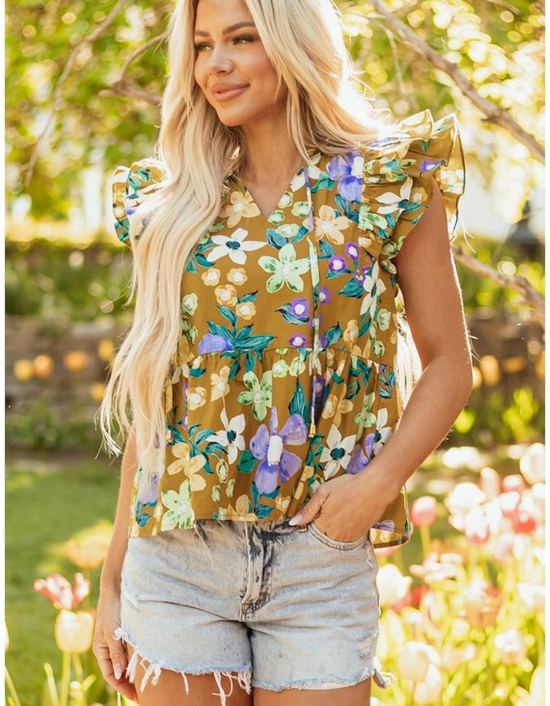 Yellow Floral Print Tiered Flutter Sleeve V Neck Top