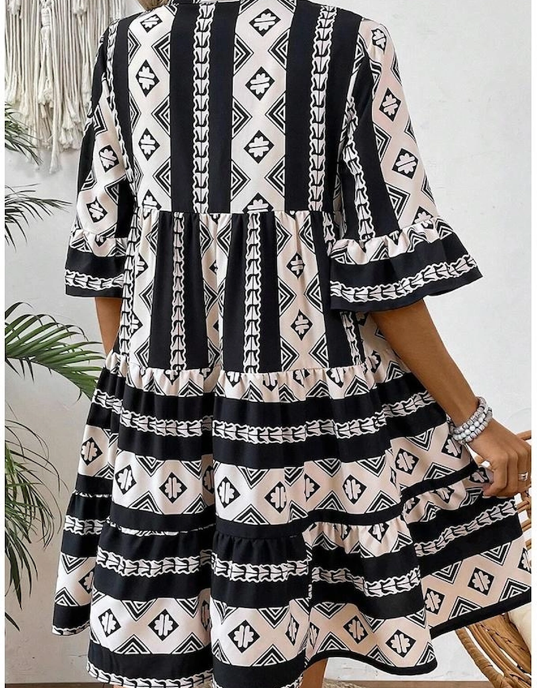 Black Geometric Print V Neck Ruffled Dress