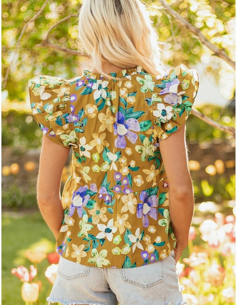 Yellow Floral Print Tiered Flutter Sleeve V Neck Top