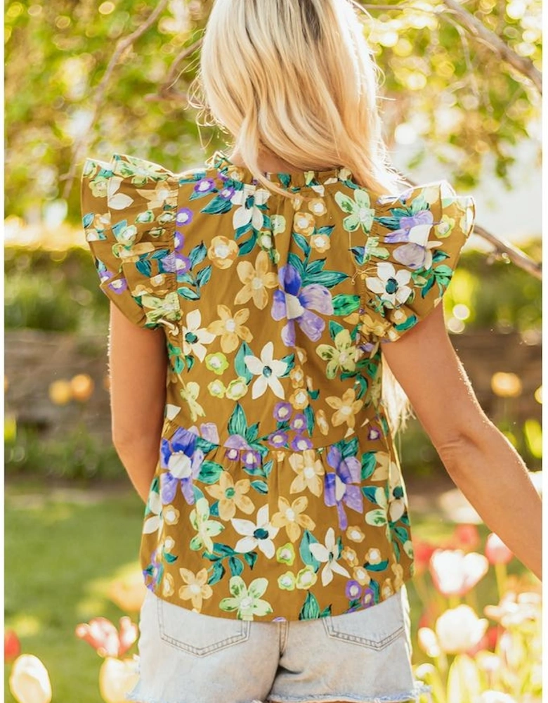 Yellow Floral Print Tiered Flutter Sleeve V Neck Top