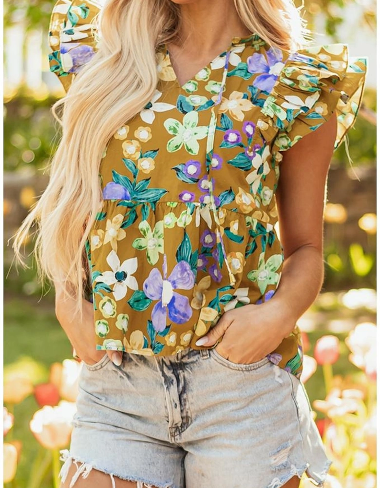 Yellow Floral Print Tiered Flutter Sleeve V Neck Top