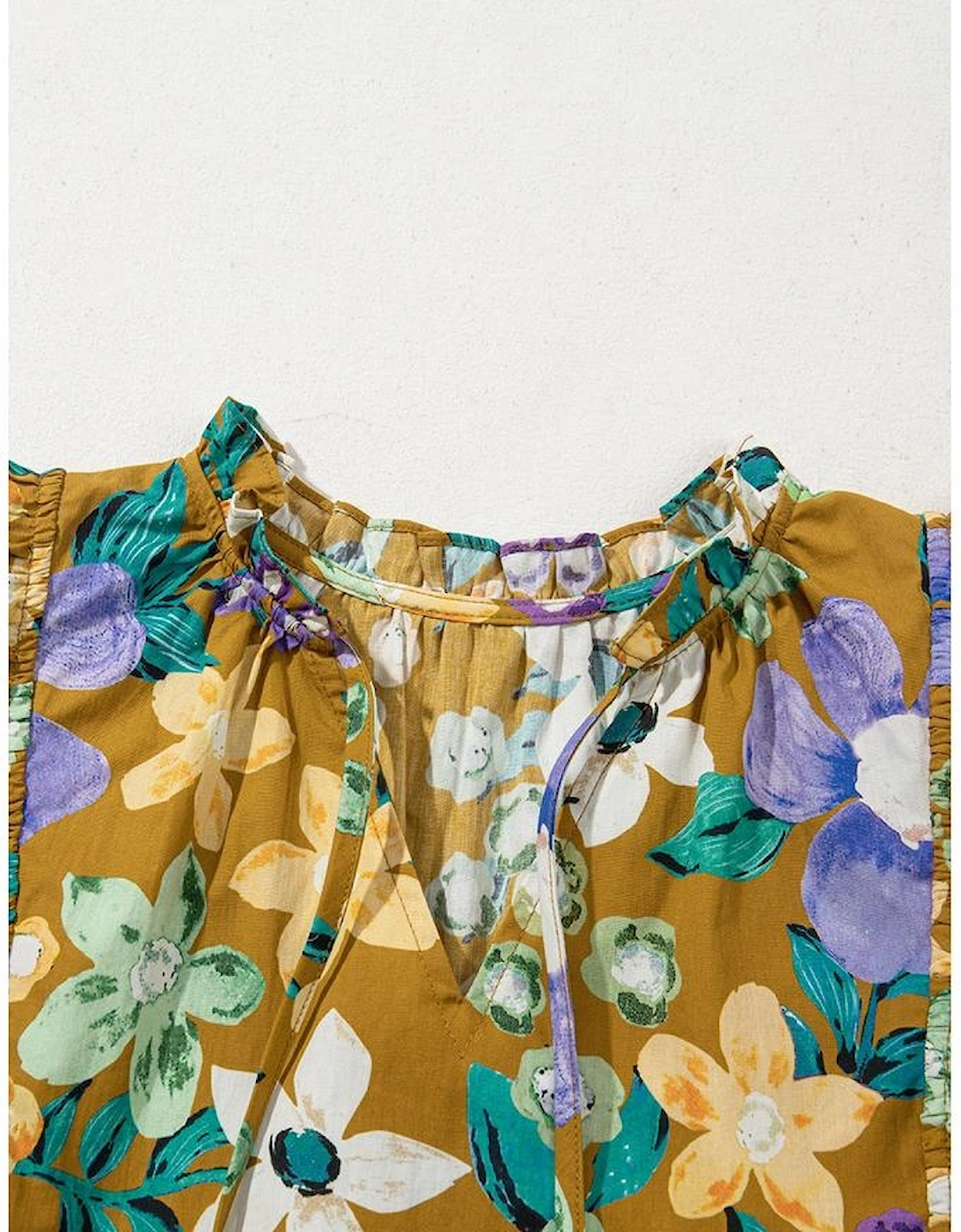 Yellow Floral Print Tiered Flutter Sleeve V Neck Top