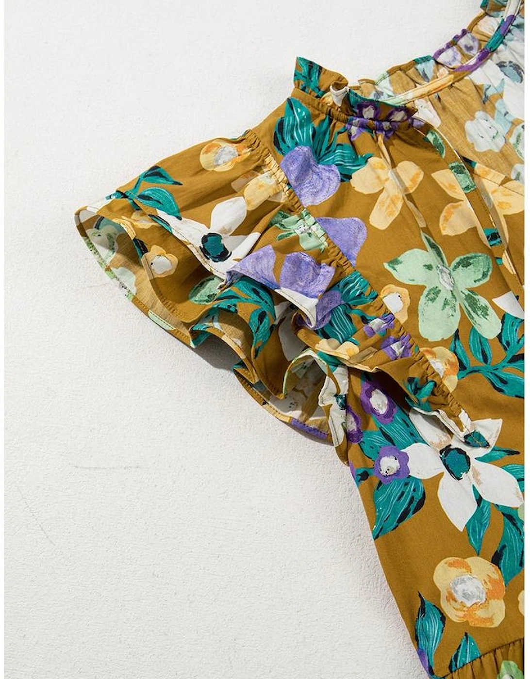 Yellow Floral Print Tiered Flutter Sleeve V Neck Top