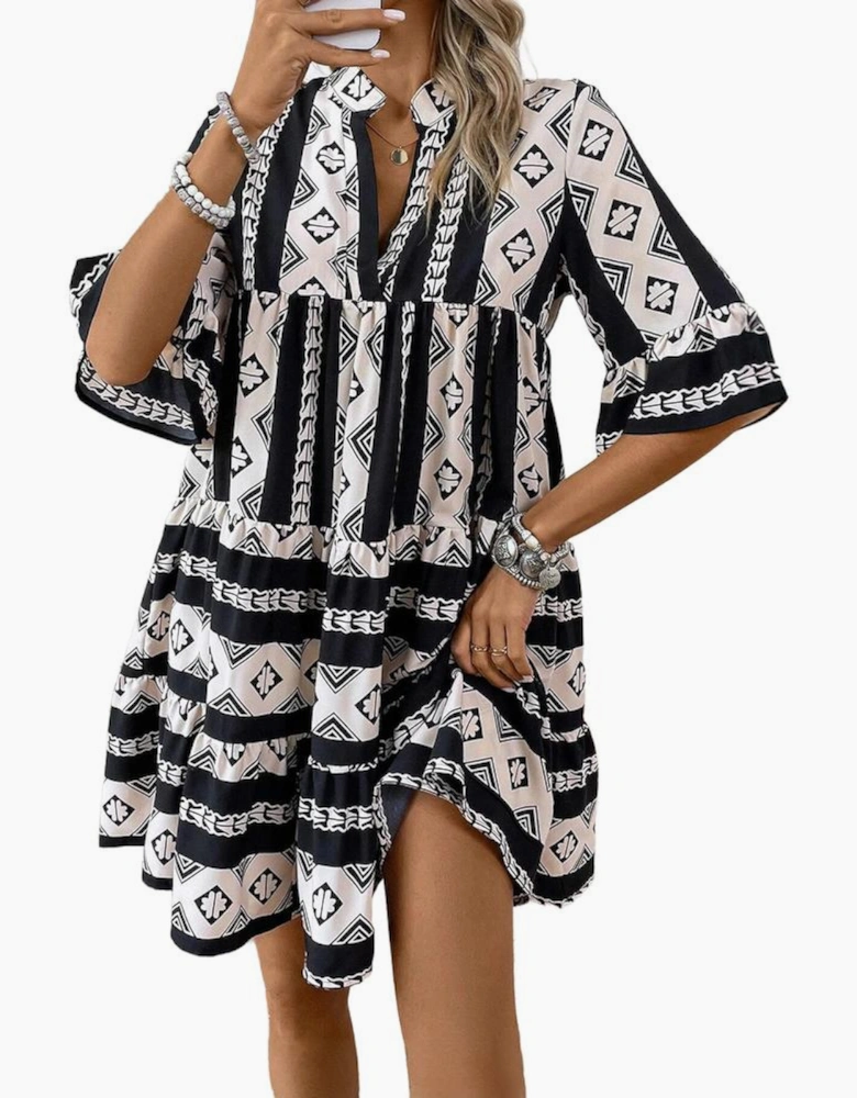 Black Geometric Print V Neck Ruffled Dress