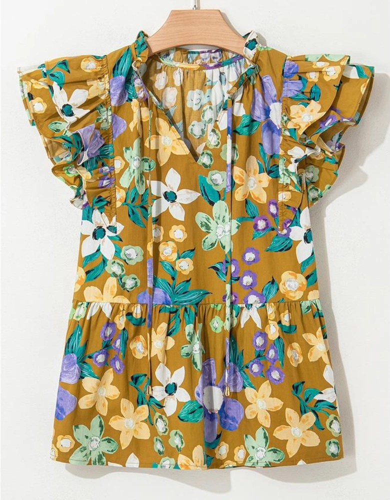 Yellow Floral Print Tiered Flutter Sleeve V Neck Top
