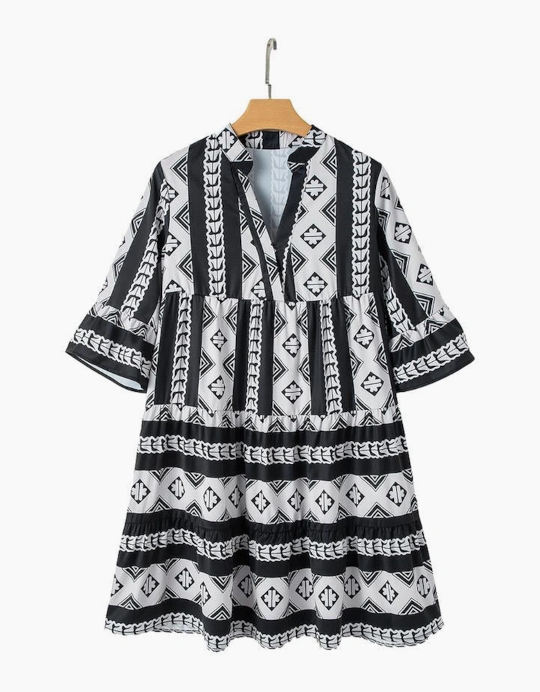 Black Geometric Print V Neck Ruffled Dress