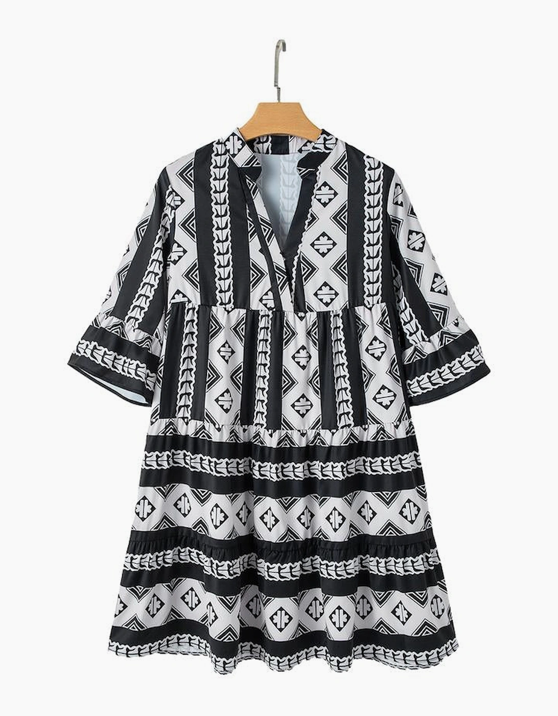 Black Geometric Print V Neck Ruffled Dress