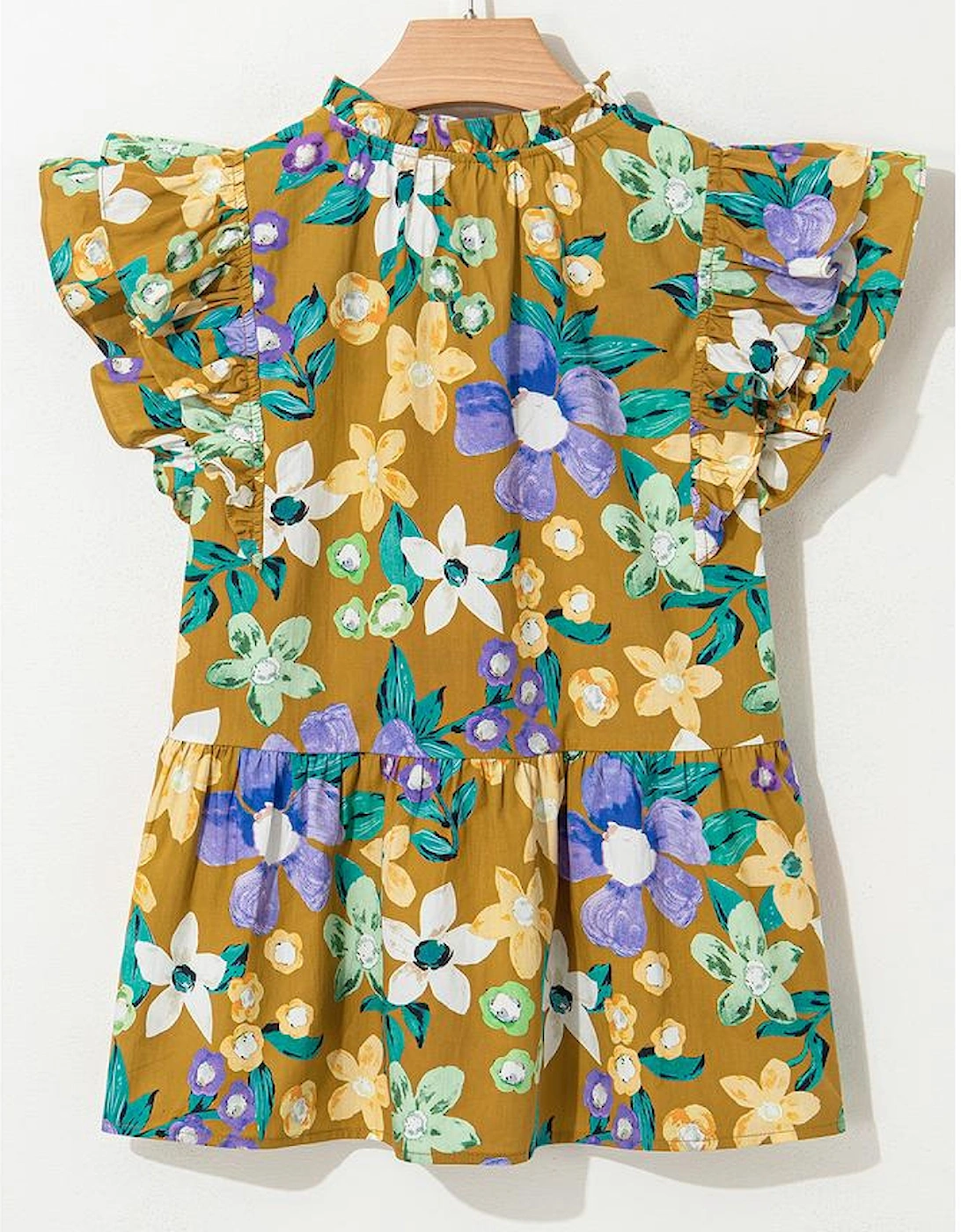 Yellow Floral Print Tiered Flutter Sleeve V Neck Top