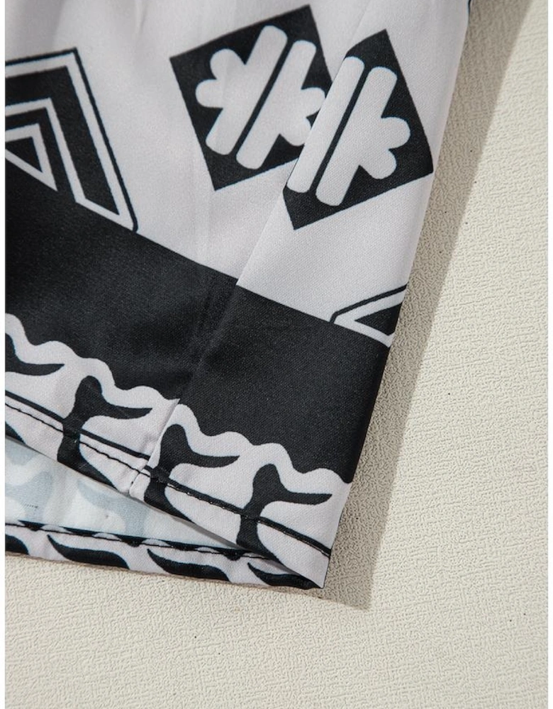 Black Geometric Print V Neck Ruffled Dress