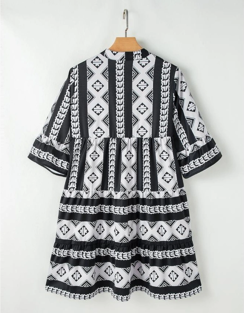 Black Geometric Print V Neck Ruffled Dress