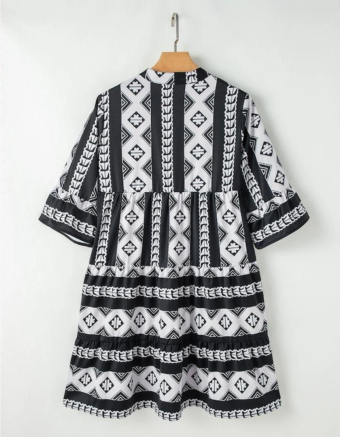 Black Geometric Print V Neck Ruffled Dress