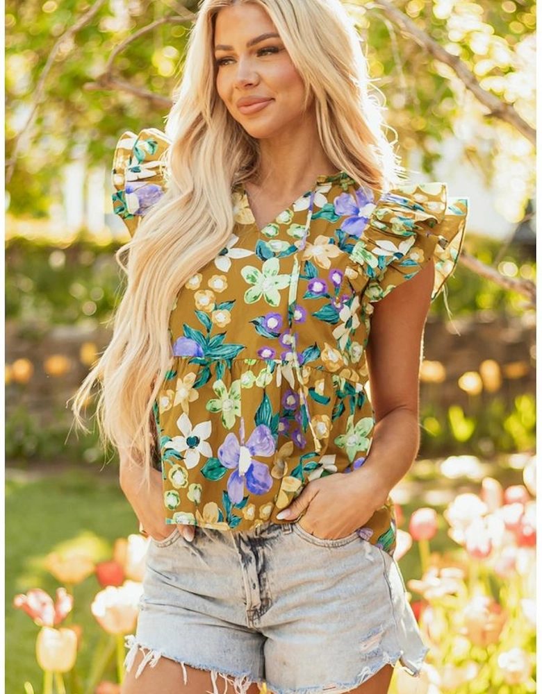 Yellow Floral Print Tiered Flutter Sleeve V Neck Top