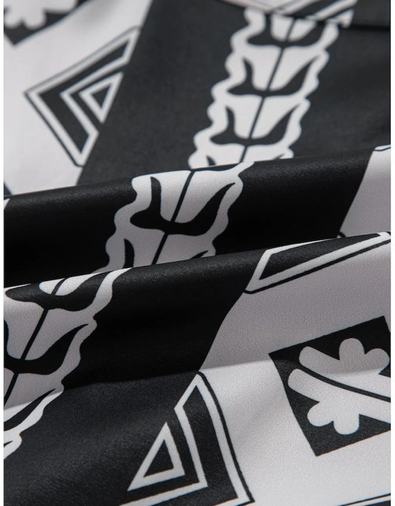 Black Geometric Print V Neck Ruffled Dress