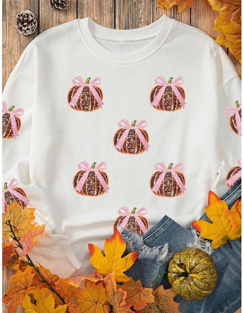 White Sequin Bow Pumpkin Patched Cotton Baggy Sweatshirt